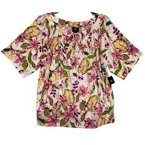 JM Collection Large Floral Banded Bottom Knit Top Polyester Spandex